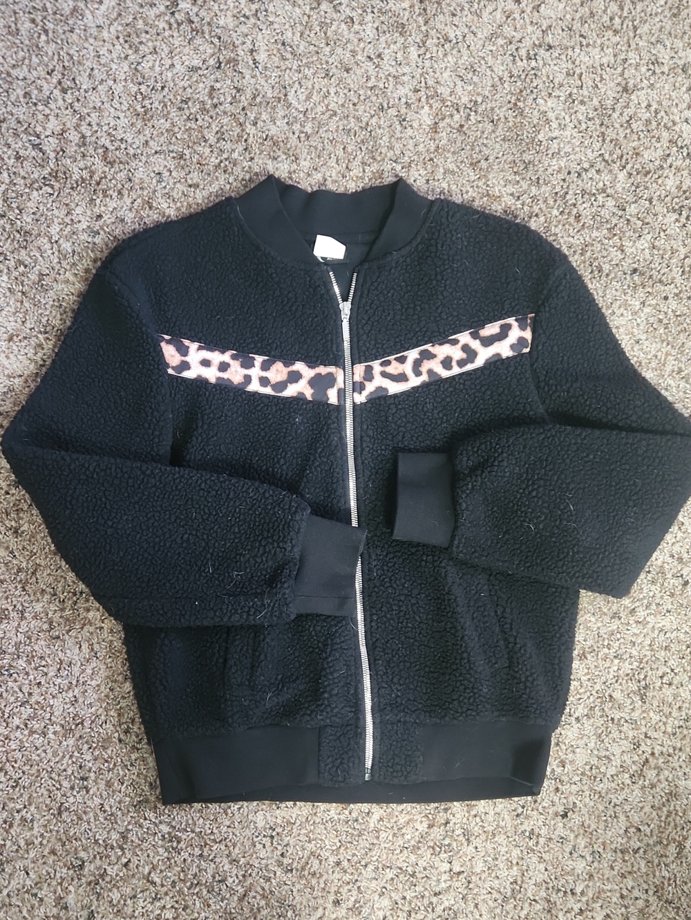 Zyia Active Black Sherpa Bomber Jacket with Leopard Accent